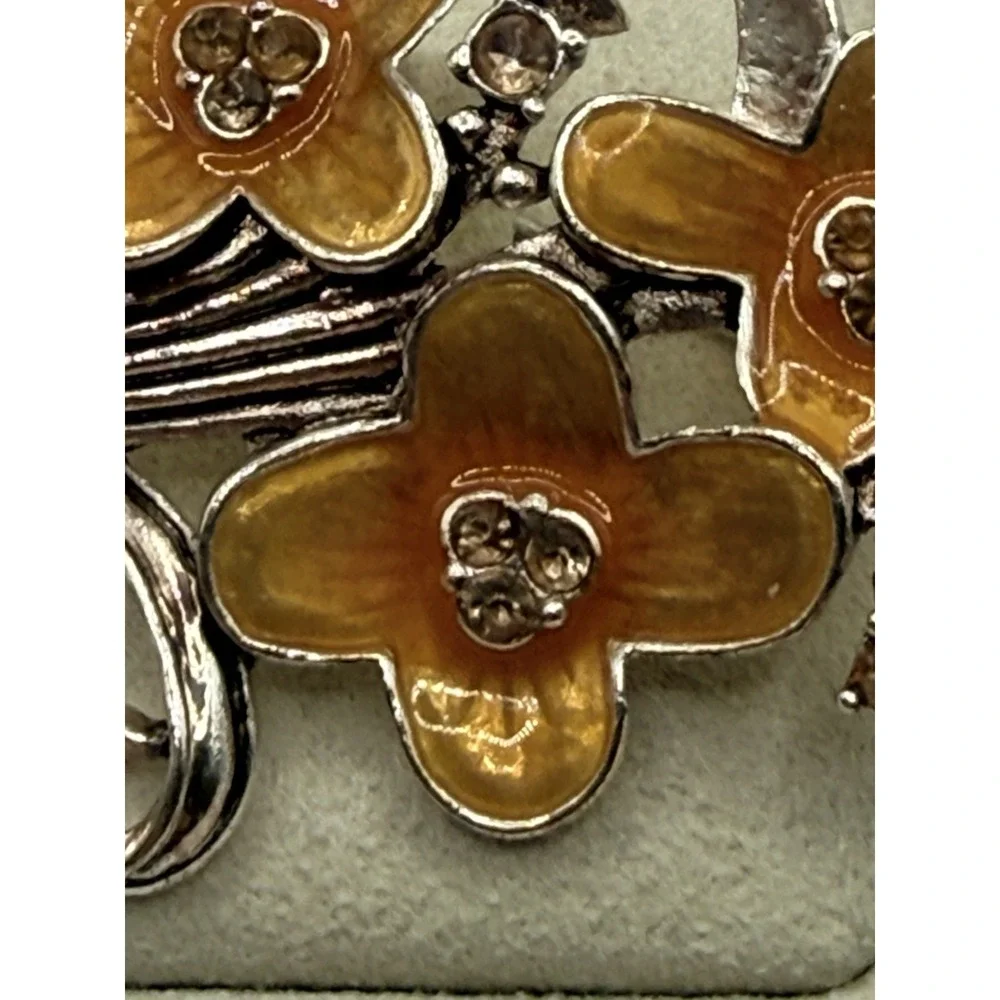 Vintage Pot Metal Brooch Flowers Orange Enamel Rhinestone